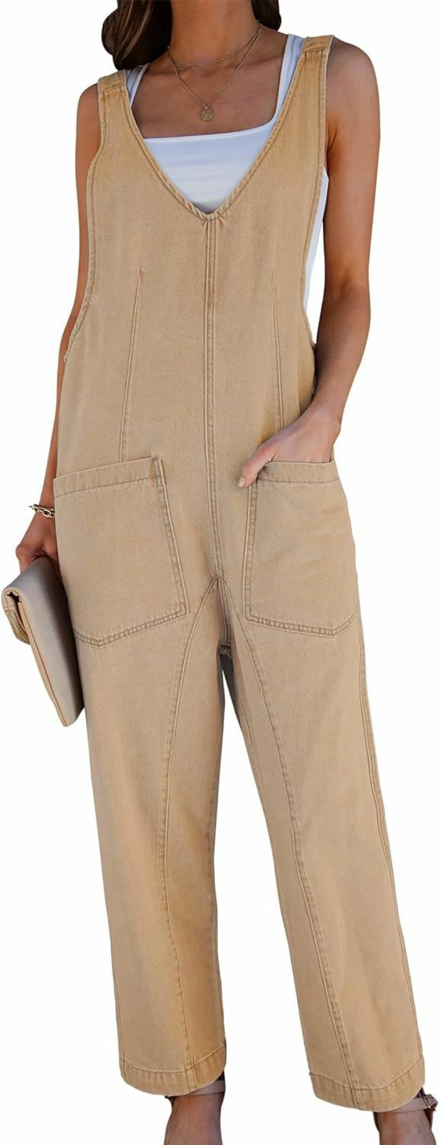 Luvamia Women's Sleeveless Denim Overalls - Casual Baggy Jumpsuit with Pockets, Loose Fit Romper for Women