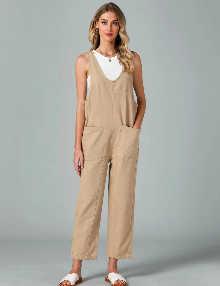 Luvamia Women's Sleeveless Denim Overalls - Casual Baggy Jumpsuit with Pockets, Loose Fit Romper for Women