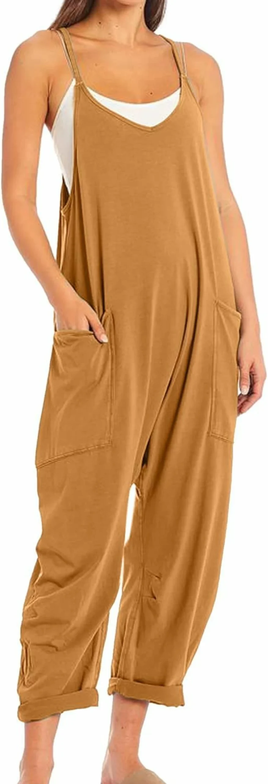 SeeLuNa Women's Casual Sleeveless Jumpsuit - V-Neck Spaghetti Strap Romper with Pockets, Wide Leg Overalls for Summer