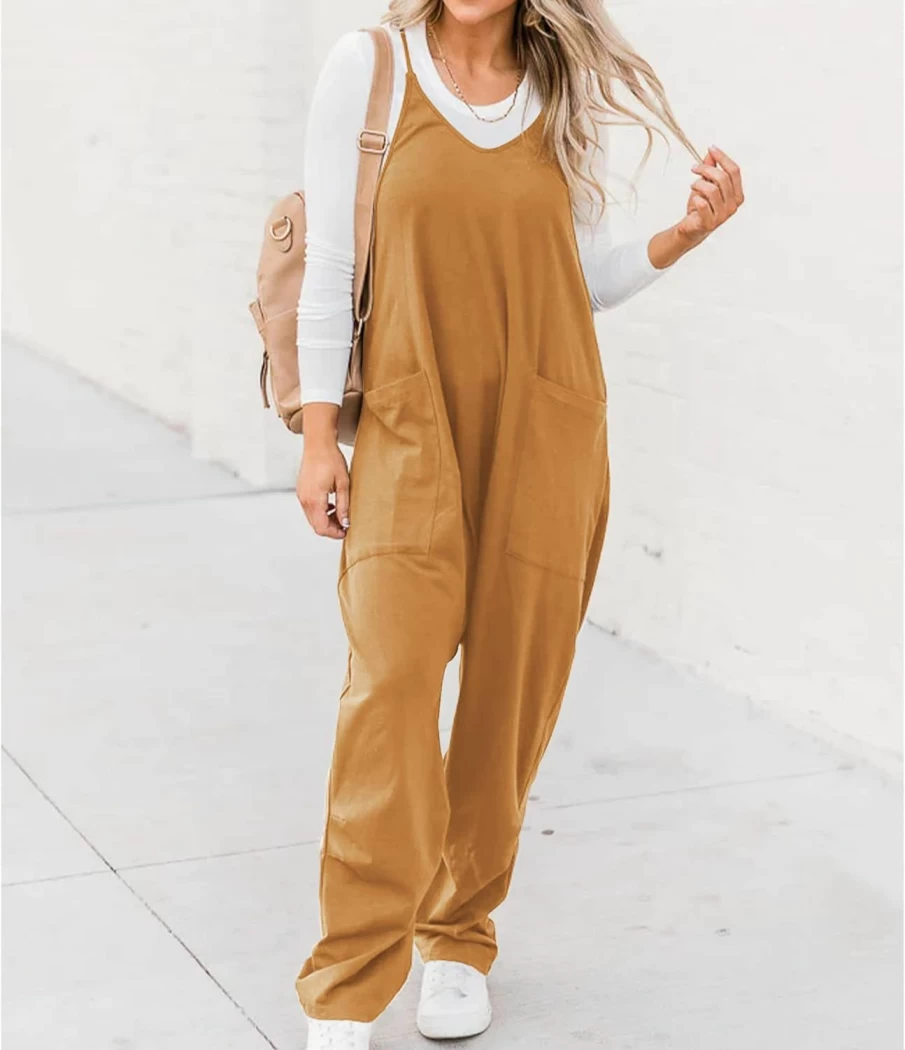 SeeLuNa Women's Casual Sleeveless Jumpsuit - V-Neck Spaghetti Strap Romper with Pockets, Wide Leg Overalls for Summer