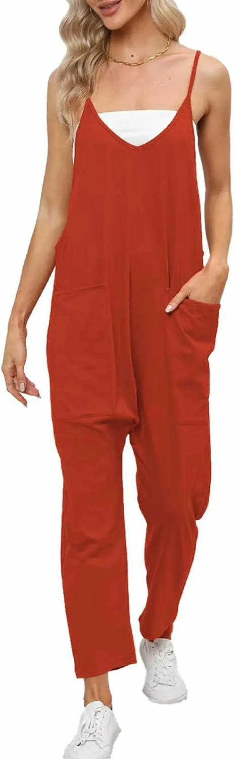 JOSUSY Women's Casual Loose Fit V-Neck Sleeveless Jumpsuit with Adjustable Spaghetti Straps and Pockets - Solid Color Summer Overalls