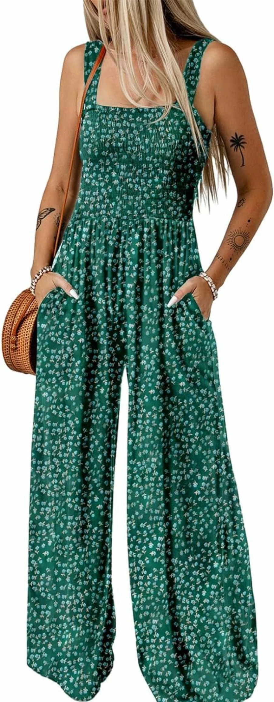 Dokotoo Women's Sleeveless Printed Jumpsuit Romper with Pockets - Casual Loose Fit Wide Leg Overalls One Piece Pant