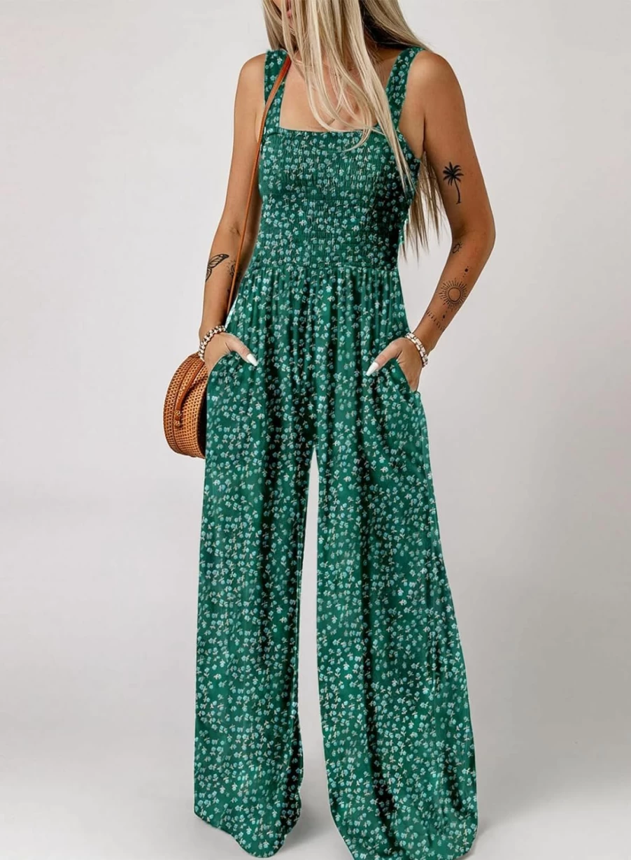 Dokotoo Women's Sleeveless Printed Jumpsuit Romper with Pockets - Casual Loose Fit Wide Leg Overalls One Piece Pant