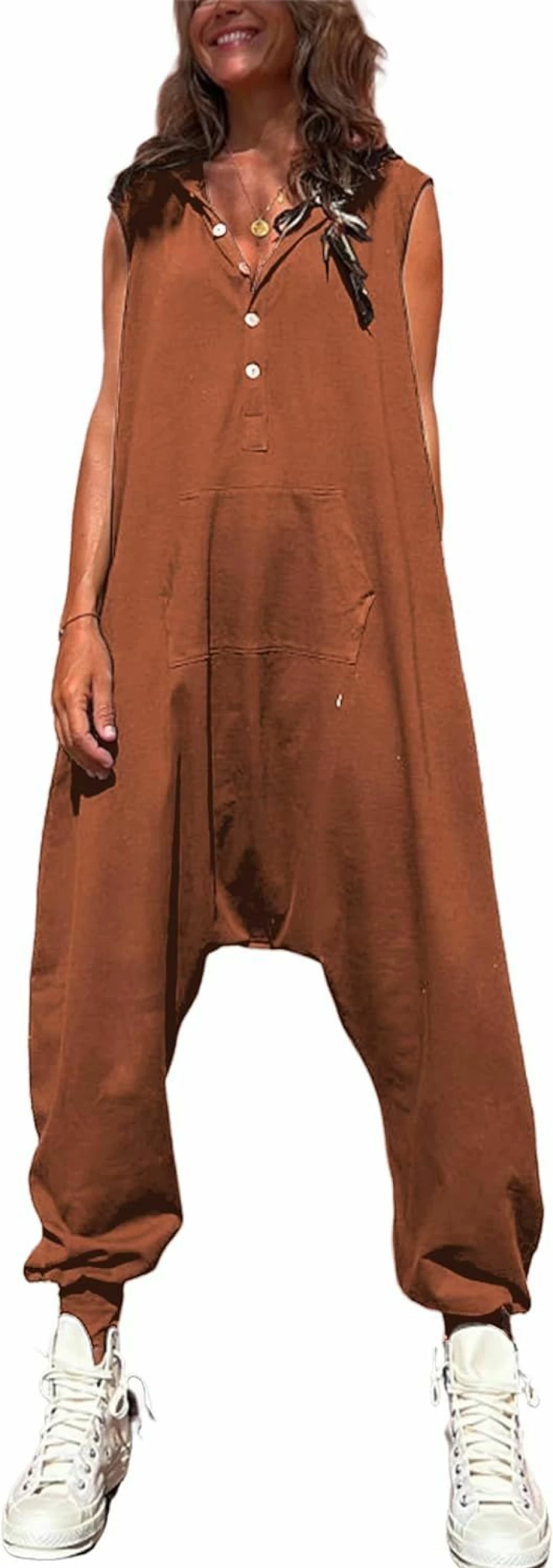Tanming Women's Sleeveless Hooded Romper Jumpsuit with Pockets - Casual Long Harem Pants Outfit