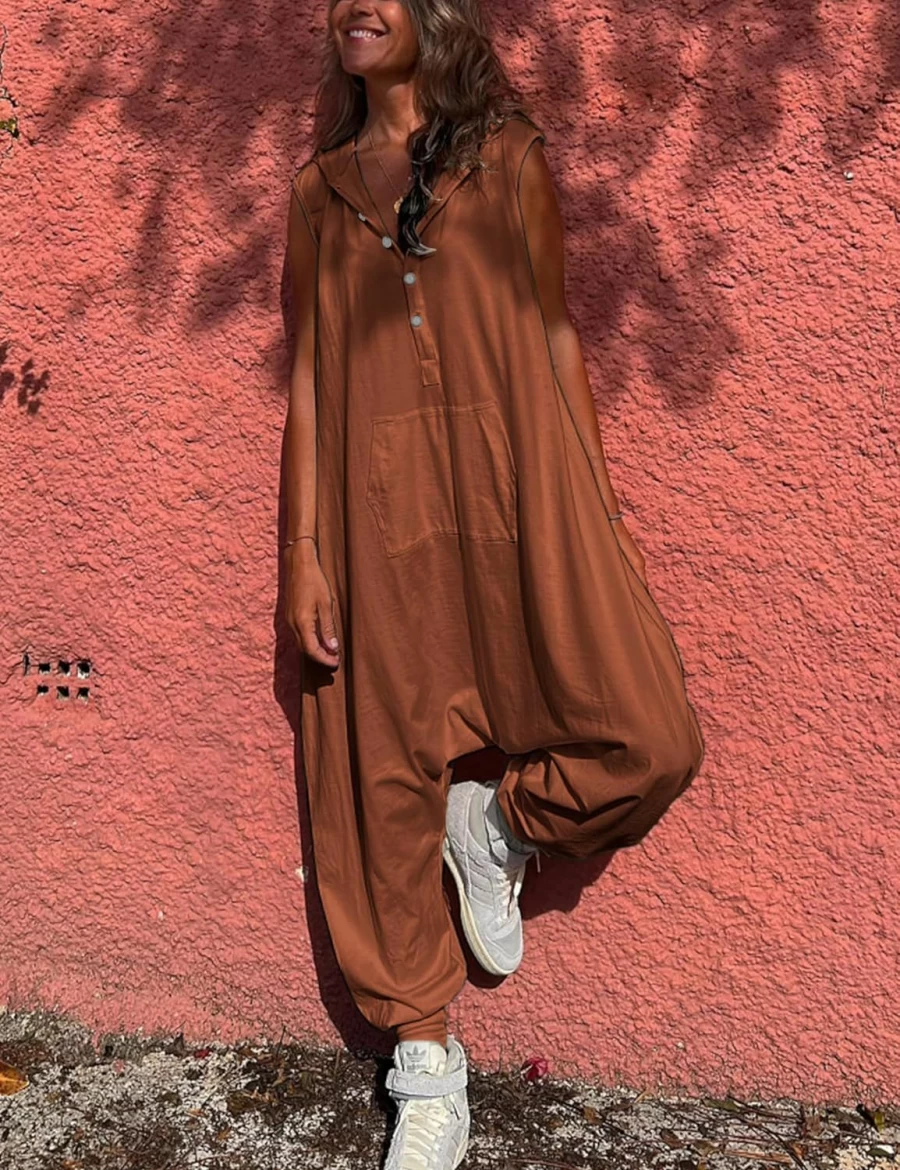 Tanming Women's Sleeveless Hooded Romper Jumpsuit with Pockets - Casual Long Harem Pants Outfit