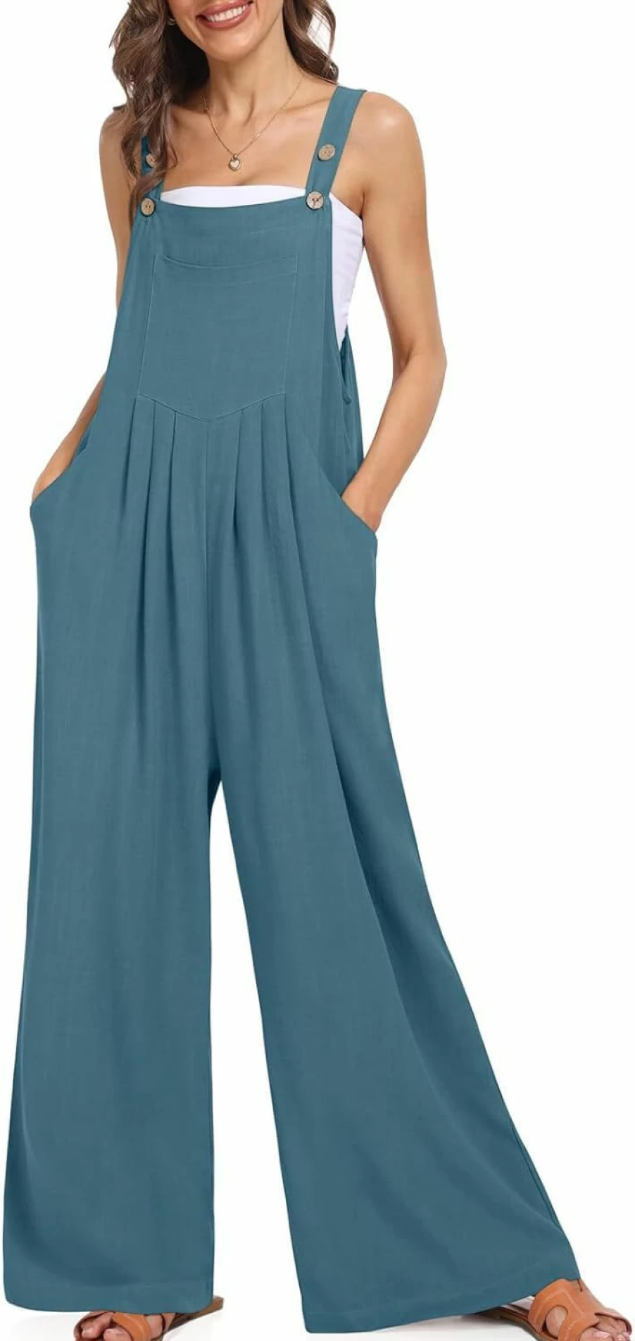 UEU Women's Wide Leg Loose Jumpsuit Romper with Pockets - Sleeveless Casual Overalls Straps Bib Denim Summer Outfit