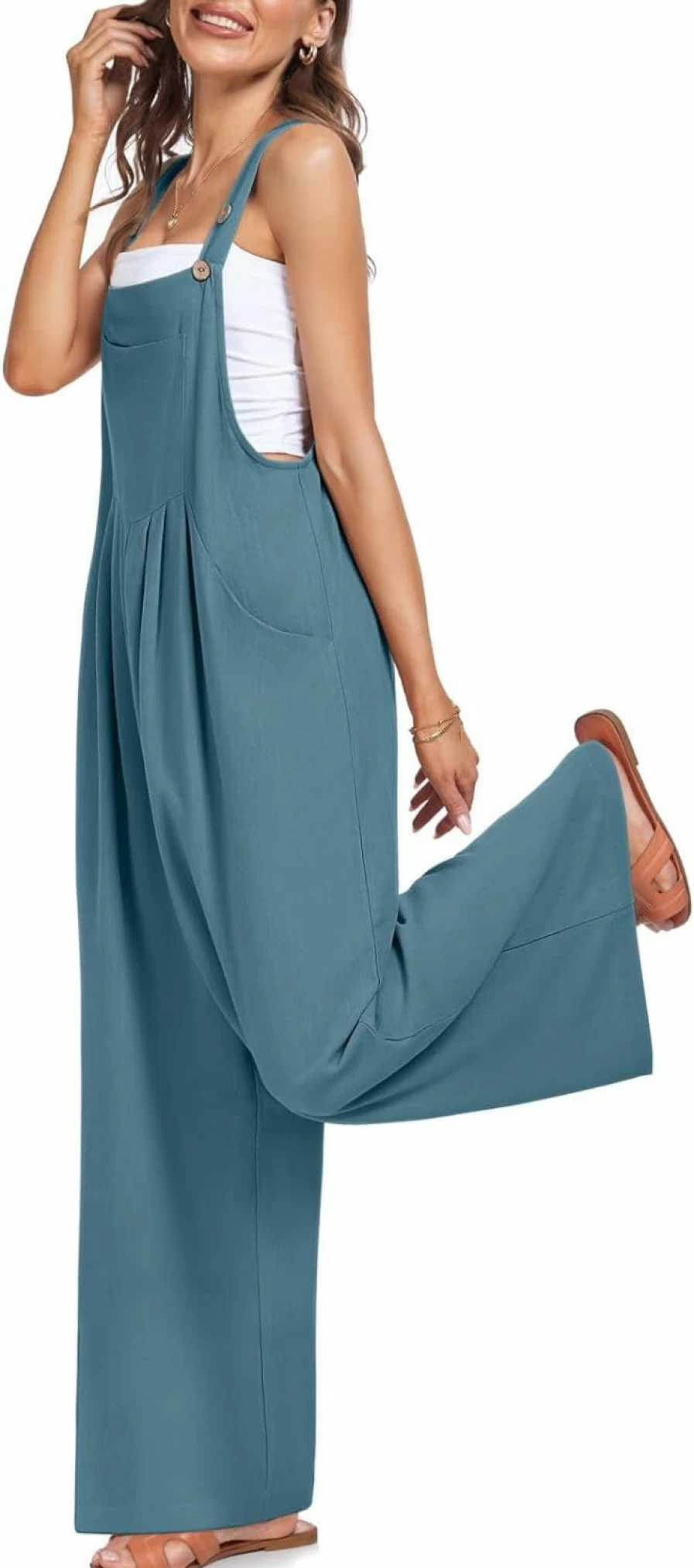 UEU Women's Wide Leg Loose Jumpsuit Romper with Pockets - Sleeveless Casual Overalls Straps Bib Denim Summer Outfit