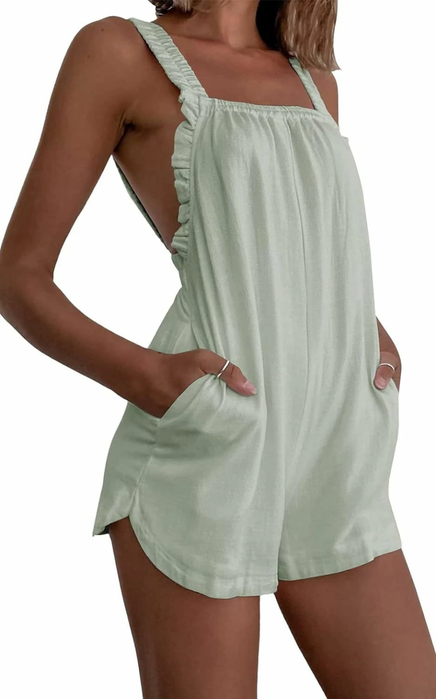 Halfword Women's Summer Cami Romper - Sleeveless Backless Jumpsuit with Pockets & Ruffle Detail