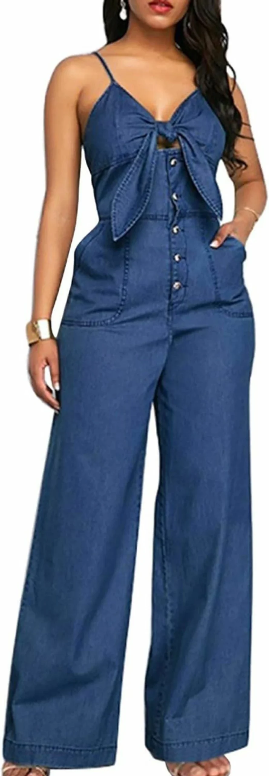 Sexyshine Women's Blue Denim Jumpsuit Romper with Lace-Up Back, Wide Leg & Belt - Casual Halter Neck Backless Playsuit