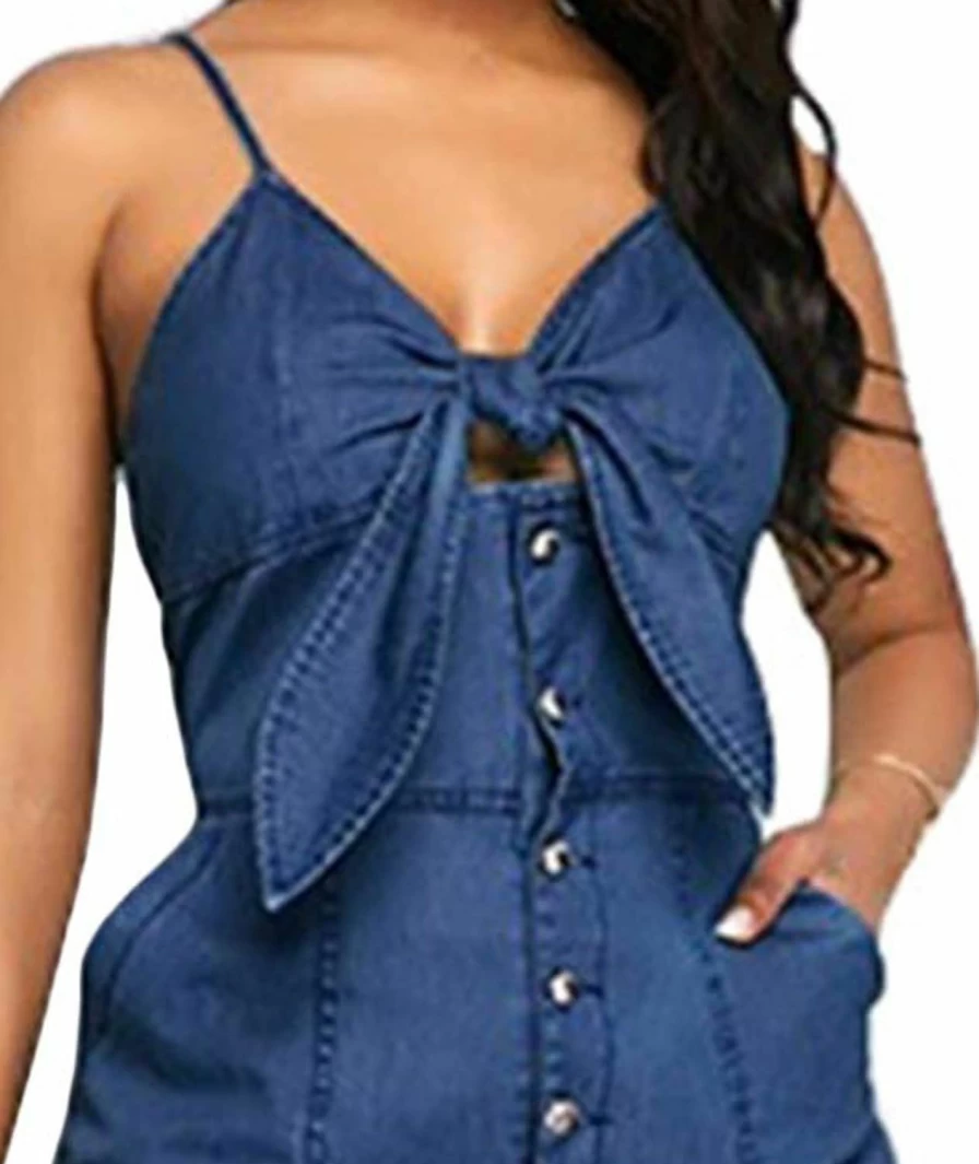 Sexyshine Women's Blue Denim Jumpsuit Romper with Lace-Up Back, Wide Leg & Belt - Casual Halter Neck Backless Playsuit