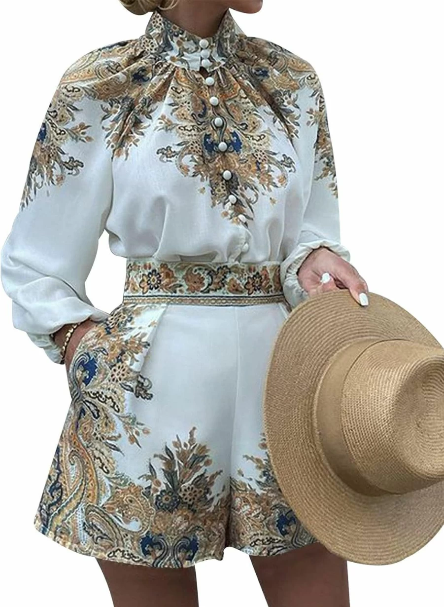 Gihuo Women's Tropical Print Long Sleeve Top and High Waist Shorts 2-Piece Summer Outfit Set Boho Beach Romper Matching Set