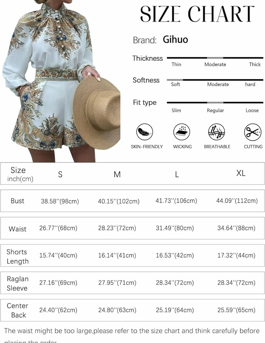 Gihuo Women's Tropical Print Long Sleeve Top and High Waist Shorts 2-Piece Summer Outfit Set Boho Beach Romper Matching Set