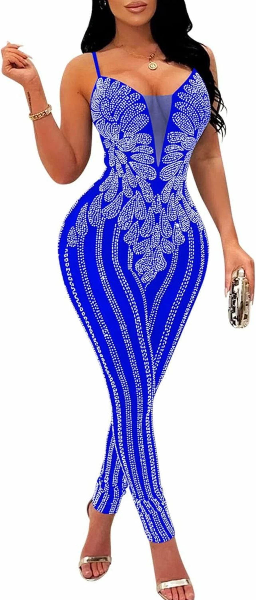 PORRCEY Women's Rhinestone Romper Jumpsuit - Elegant Bodycon Clubwear for Night Out & Party