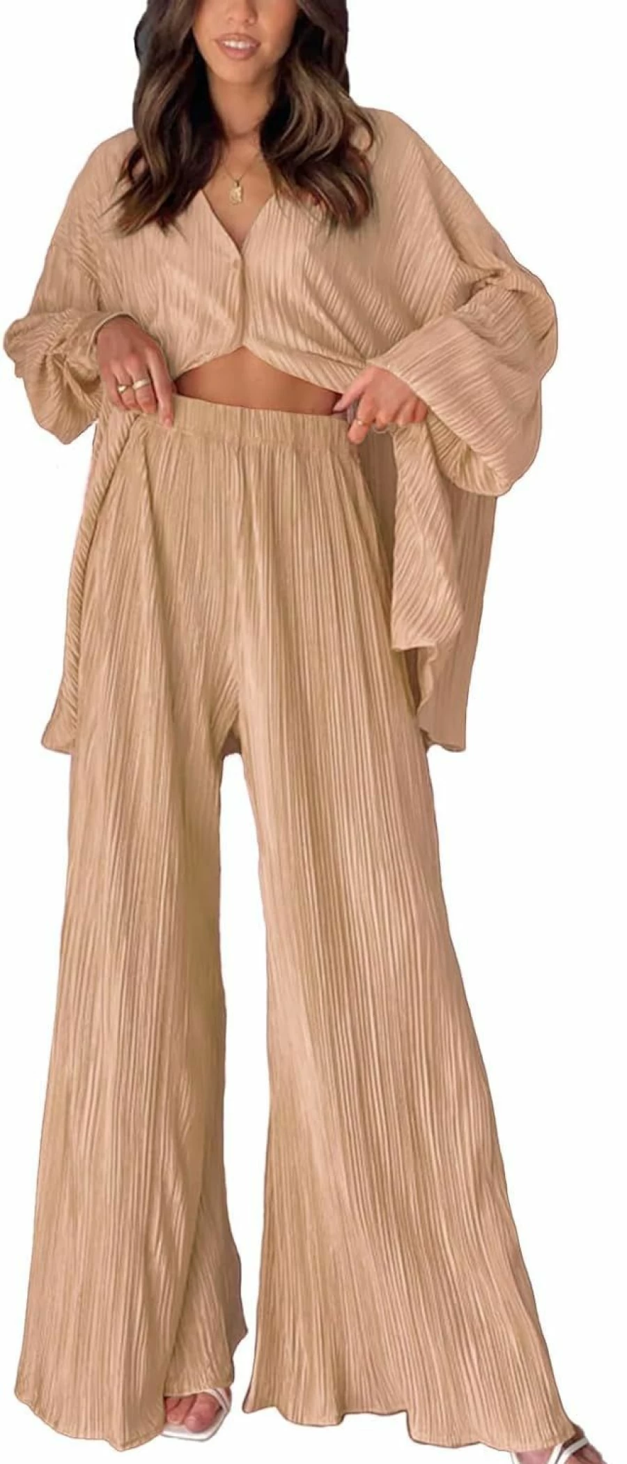 ARTFREE Women's Casual Loungewear Set - 2 Piece Pleated Sweatsuit with Long Sleeve Button Down Shirt & Palazzo Pants