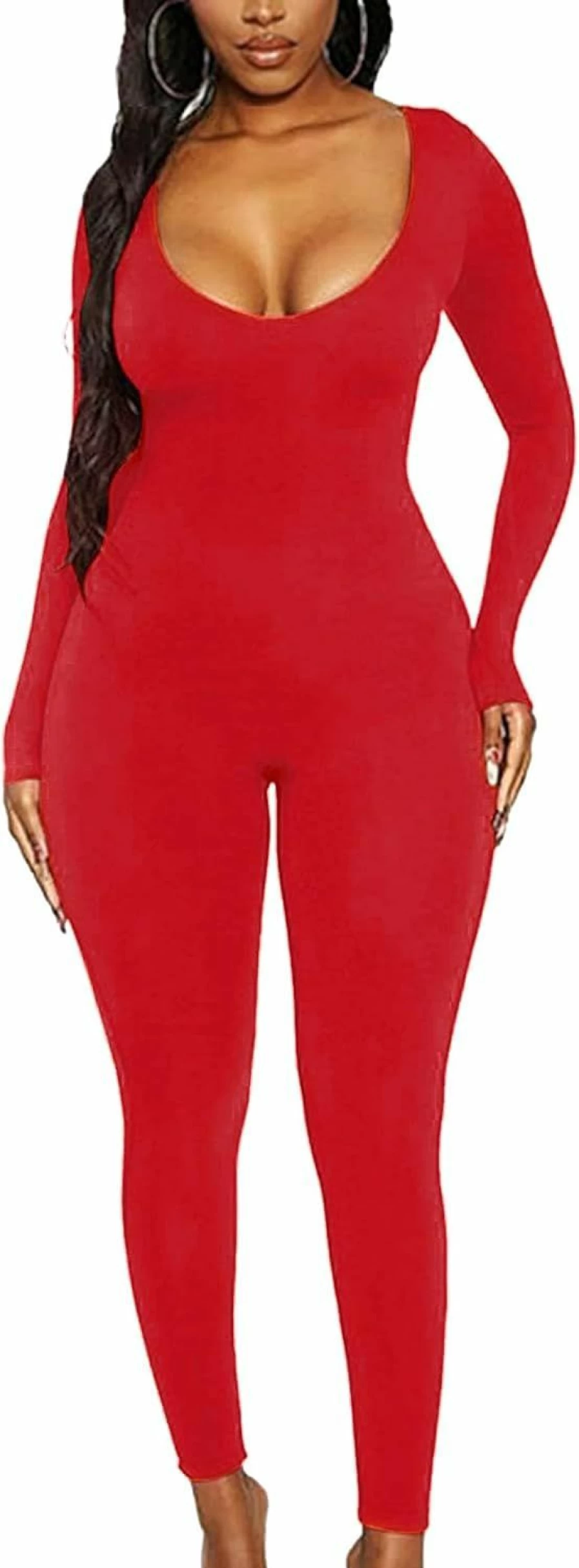 MOCIBO Women's Sexy Long Sleeve Jumpsuit - Bodycon Romper with Scoop Neck & Front Zipper for Casual Wear