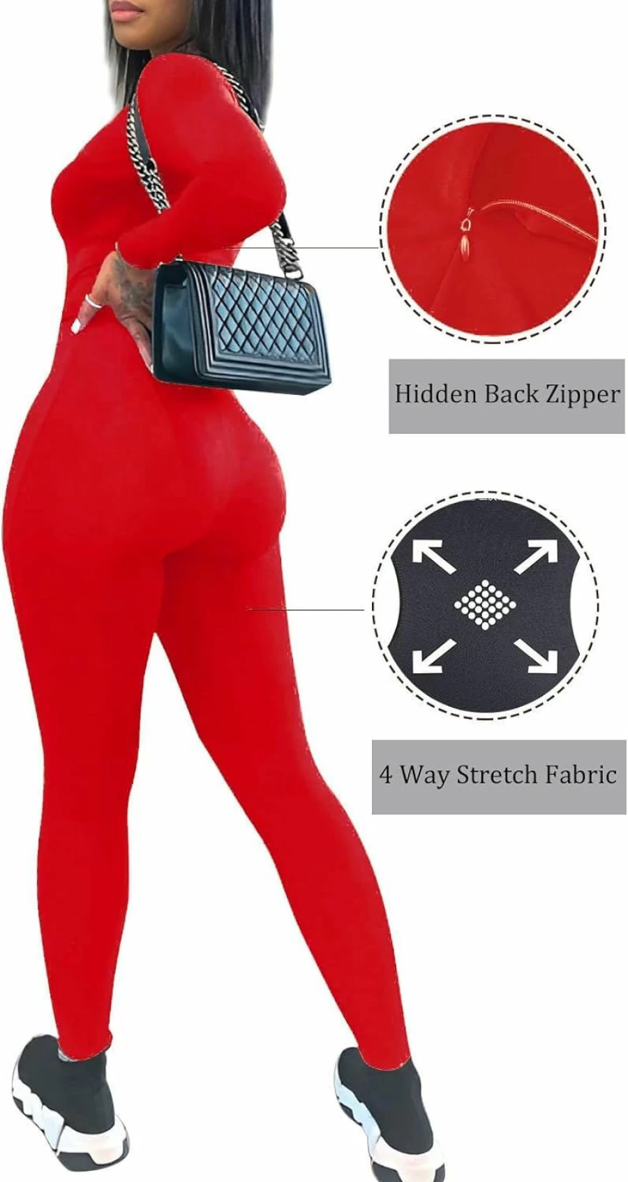 MOCIBO Women's Sexy Long Sleeve Jumpsuit - Bodycon Romper with Scoop Neck & Front Zipper for Casual Wear