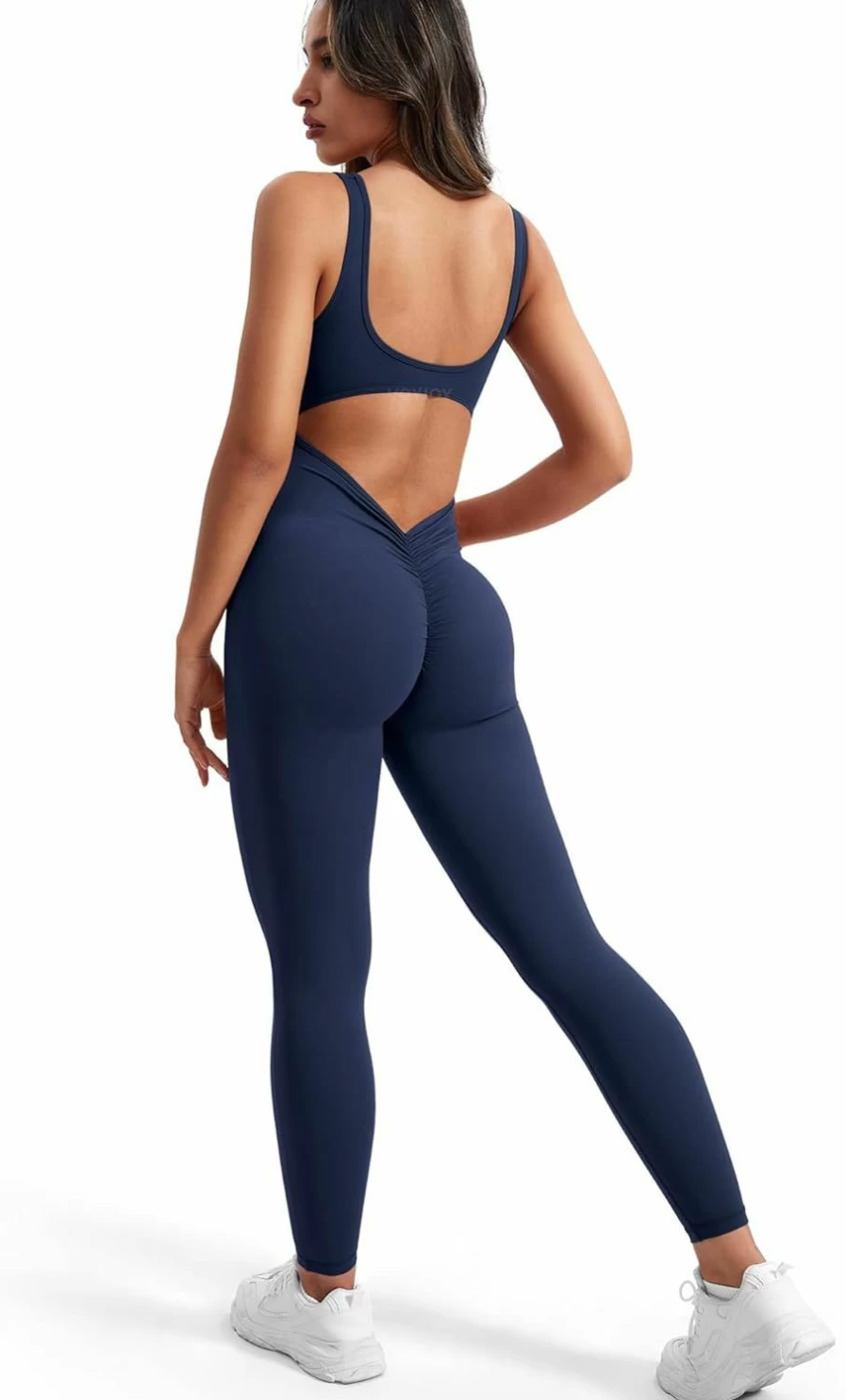 VOYJOY Women's V-Back Bodycon Jumpsuit - Backless Yoga Romper with Scrunch Butt Detail for Workout & Lounge