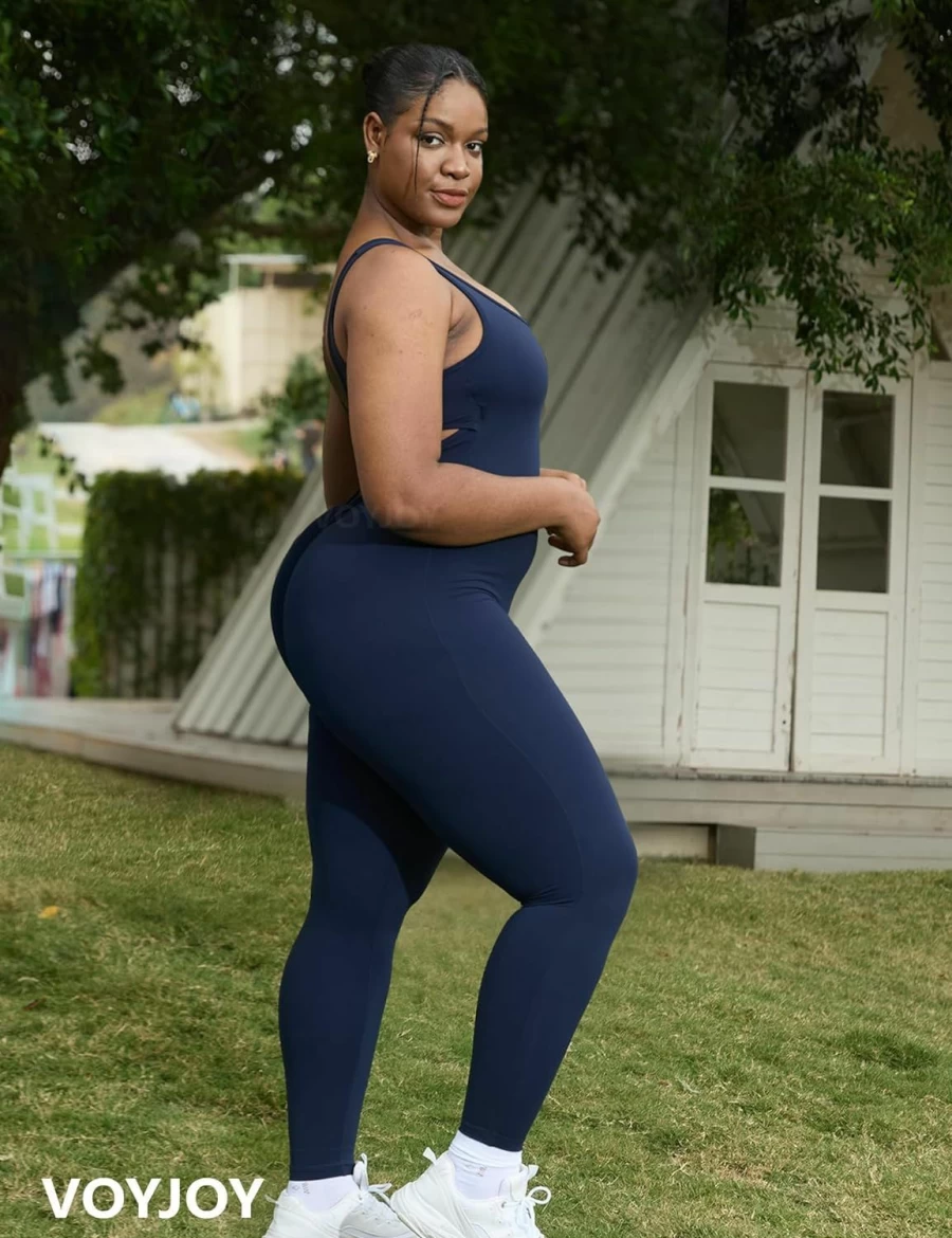 VOYJOY Women's V-Back Bodycon Jumpsuit - Backless Yoga Romper with Scrunch Butt Detail for Workout & Lounge