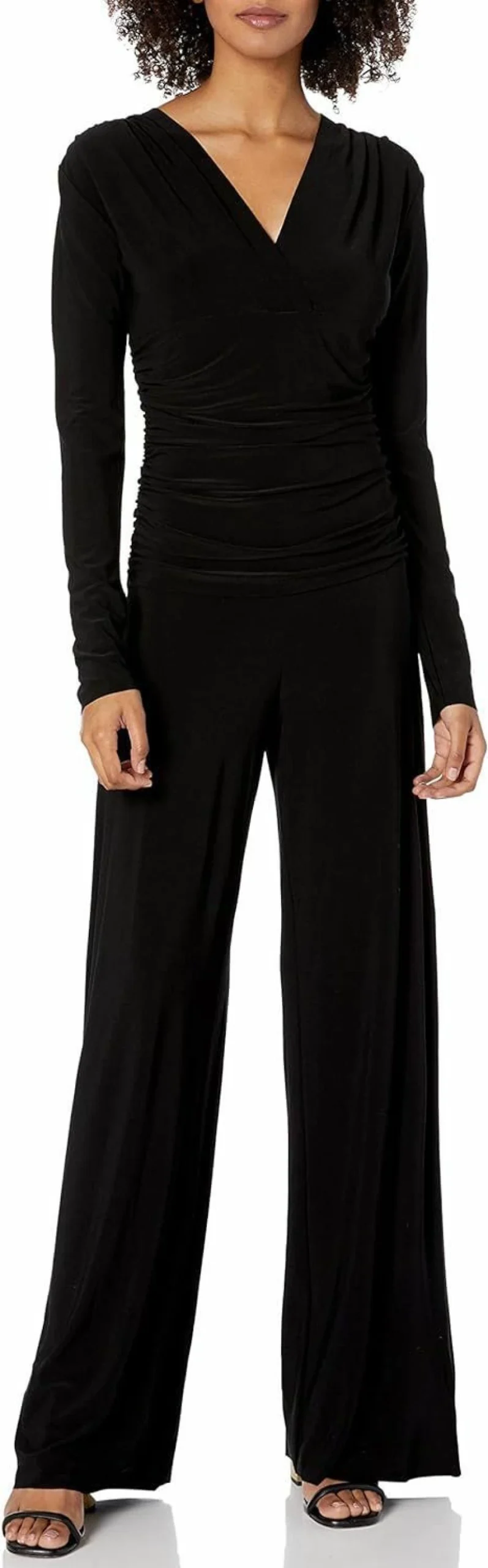 Norma Kamali Women's V-Neck Shirred Waist Jumpsuit Long Sleeve Romper One Piece Outfit