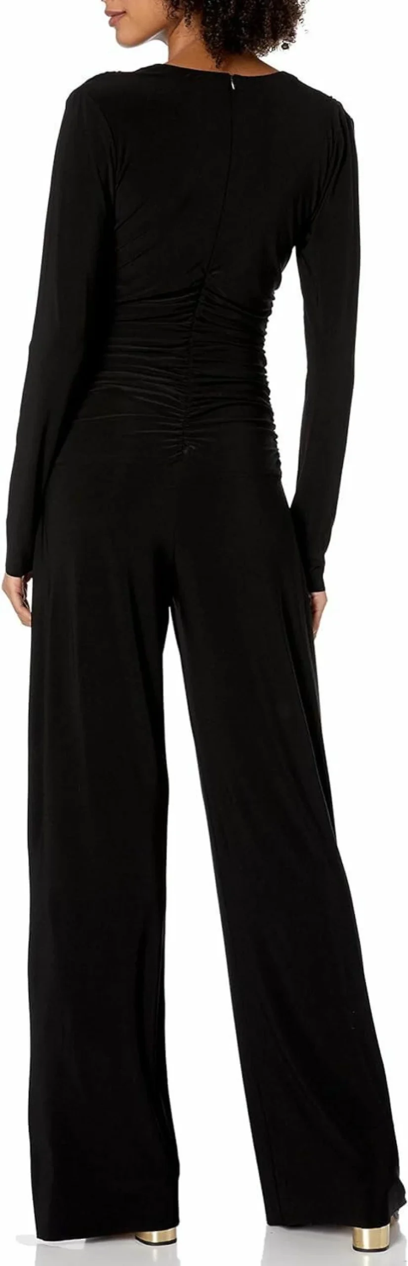 Norma Kamali Women's V-Neck Shirred Waist Jumpsuit Long Sleeve Romper One Piece Outfit