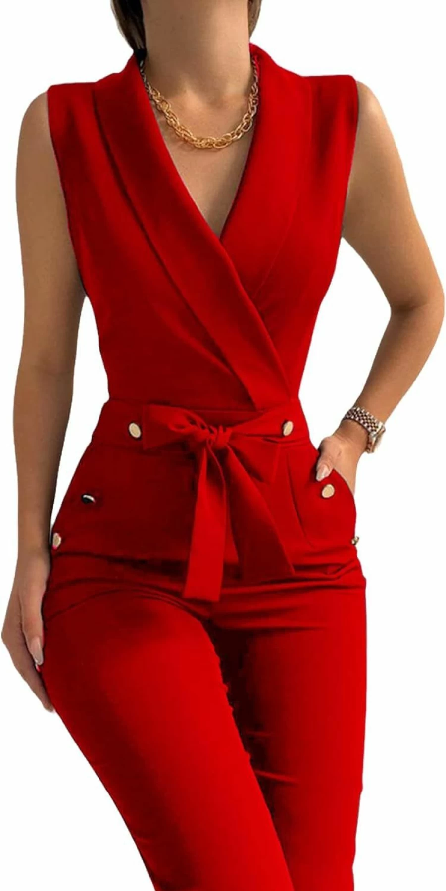 Uni Clau Women's Elegant V-Neck Sleeveless Jumpsuit with Belt and Pockets - Business Casual Long Pants Romper Suit Set