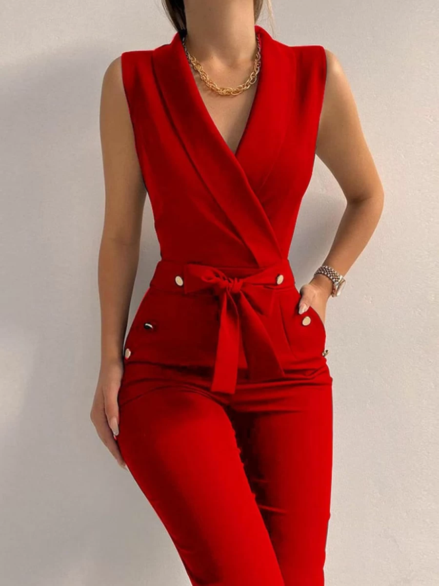 Uni Clau Women's Elegant V-Neck Sleeveless Jumpsuit with Belt and Pockets - Business Casual Long Pants Romper Suit Set