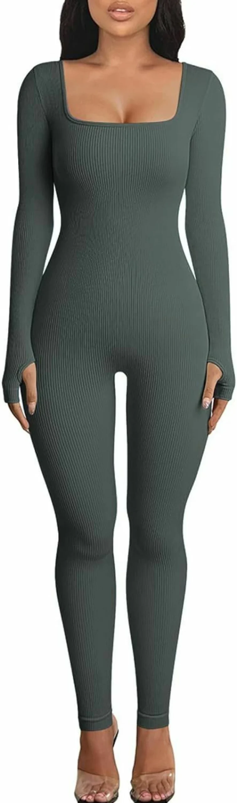 OEAK Women's High Waisted Tummy Control Ribbed Jumpsuit - Long Sleeve Yoga Romper One Piece Workout Bodysuit for Casual Wear