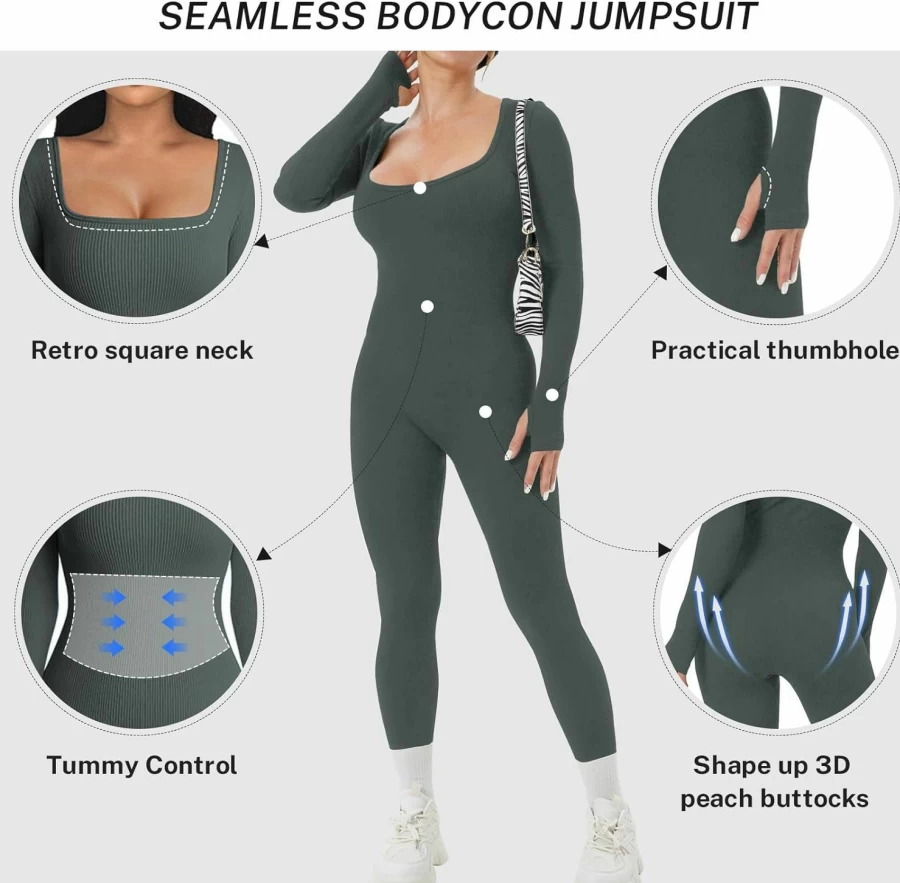 OEAK Women's High Waisted Tummy Control Ribbed Jumpsuit - Long Sleeve Yoga Romper One Piece Workout Bodysuit for Casual Wear