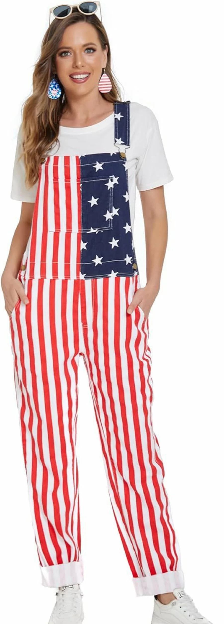 Yuanbang Patriotic American Flag Overalls for Men - Adjustable Denim Coveralls, Red White & Blue 4th of July Romper with Straps