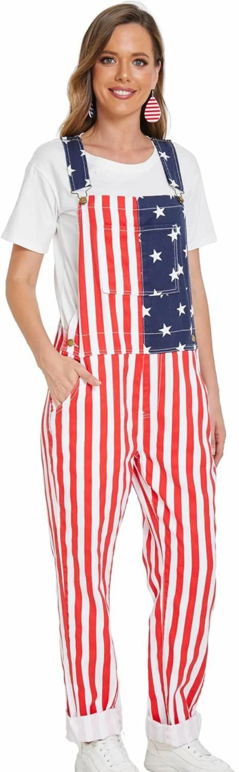 Yuanbang Patriotic American Flag Overalls for Men - Adjustable Denim Coveralls, Red White & Blue 4th of July Romper with Straps