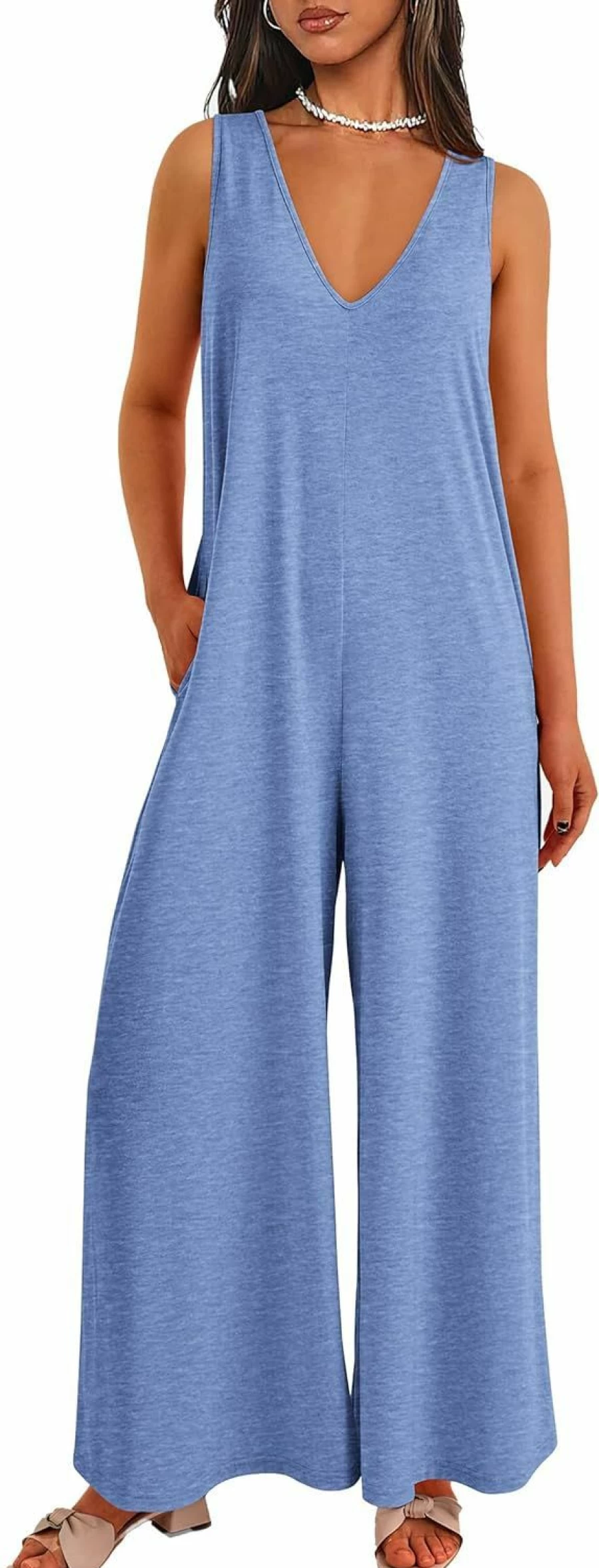 PRETTYGARDEN Women's Sleeveless V-Neck Wide Leg Jumpsuit Romper - Casual Summer Loose Fit Overalls