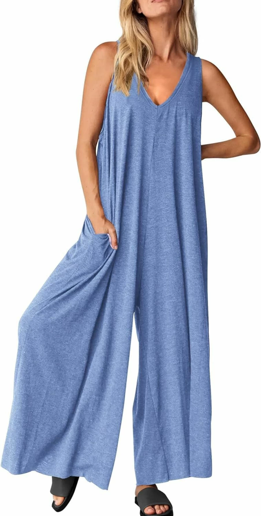 PRETTYGARDEN Women's Sleeveless V-Neck Wide Leg Jumpsuit Romper - Casual Summer Loose Fit Overalls