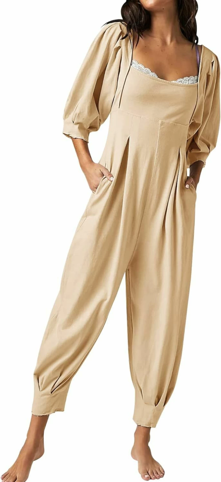 Ebifin Women's Square Neck Casual Jumpsuit with Pockets - Loose Fit Long Pant Romper for Everyday Wear
