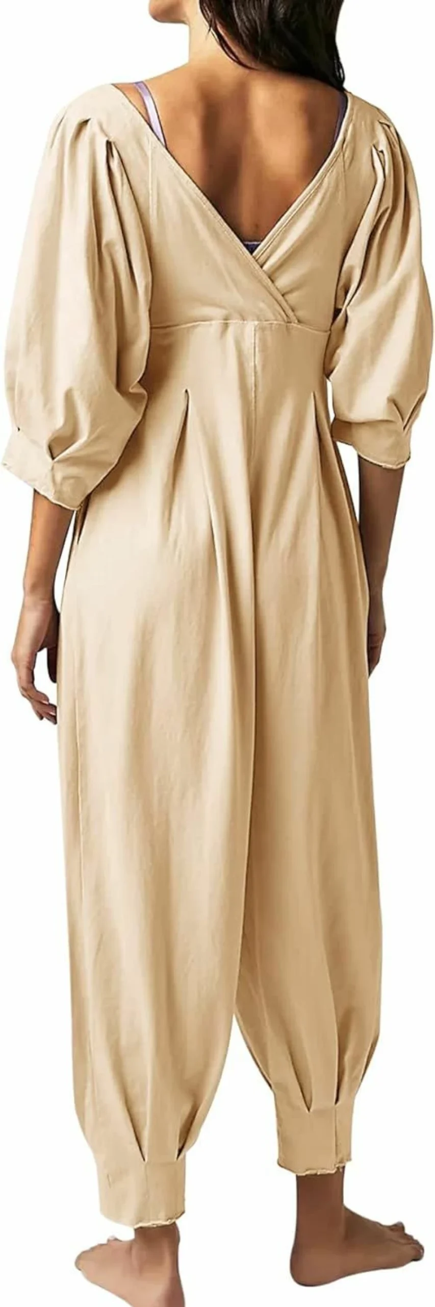 Ebifin Women's Square Neck Casual Jumpsuit with Pockets - Loose Fit Long Pant Romper for Everyday Wear