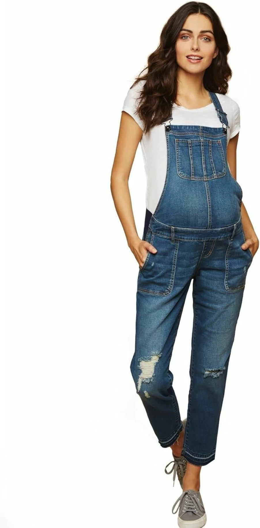 Motherhood Maternity Women's Maternity Denim Overalls - Skinny Fit Ankle-Length Jeans for Pregnancy, Indigo Blue