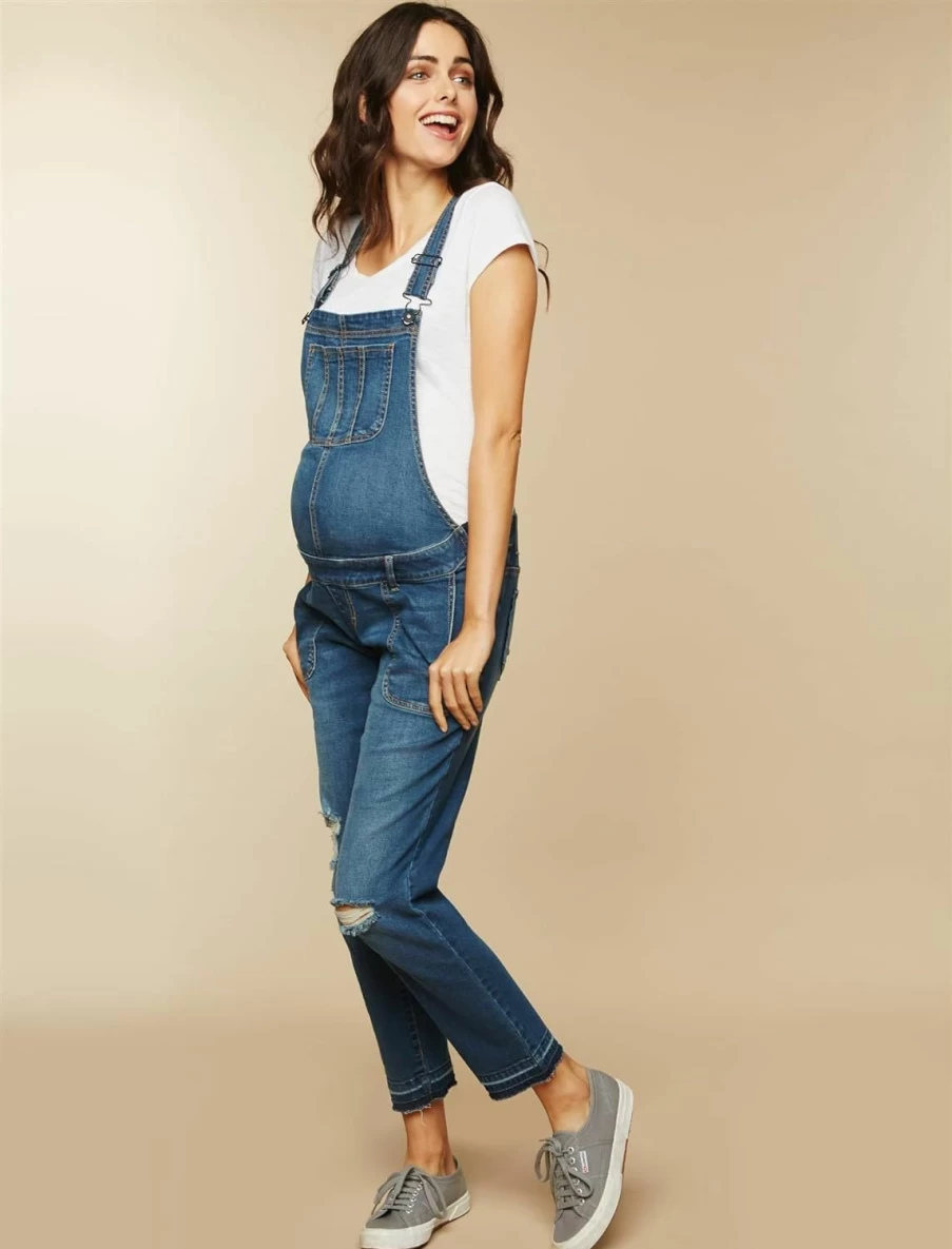 Motherhood Maternity Women's Maternity Denim Overalls - Skinny Fit Ankle-Length Jeans for Pregnancy, Indigo Blue