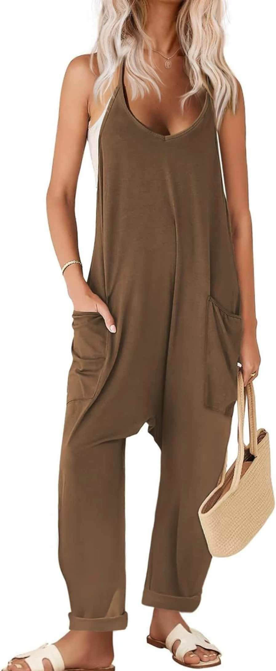 Ekouaer Women's Casual Sleeveless Jumpsuit with Pockets - Loose Fit Spaghetti Strap Romper Overalls 2024 Summer Fashion