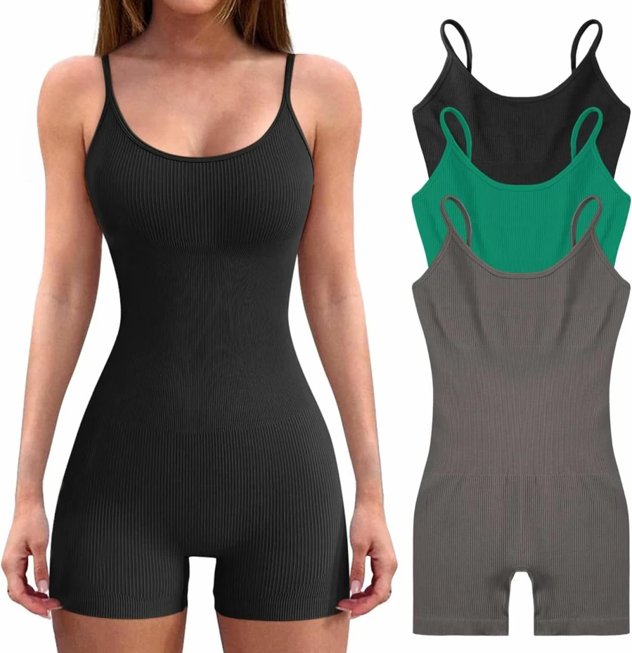 3Pcs VINGOSTAR Women's Ribbed Bodysuit Jumpsuit - Sleeveless Yoga Romper, Workout Bodycon Shorts, One Piece Going Out Outfits