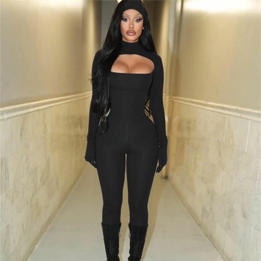 Ksotutm Women's Sexy Black Long Sleeve Bodycon Jumpsuit - One Piece Romper for Women