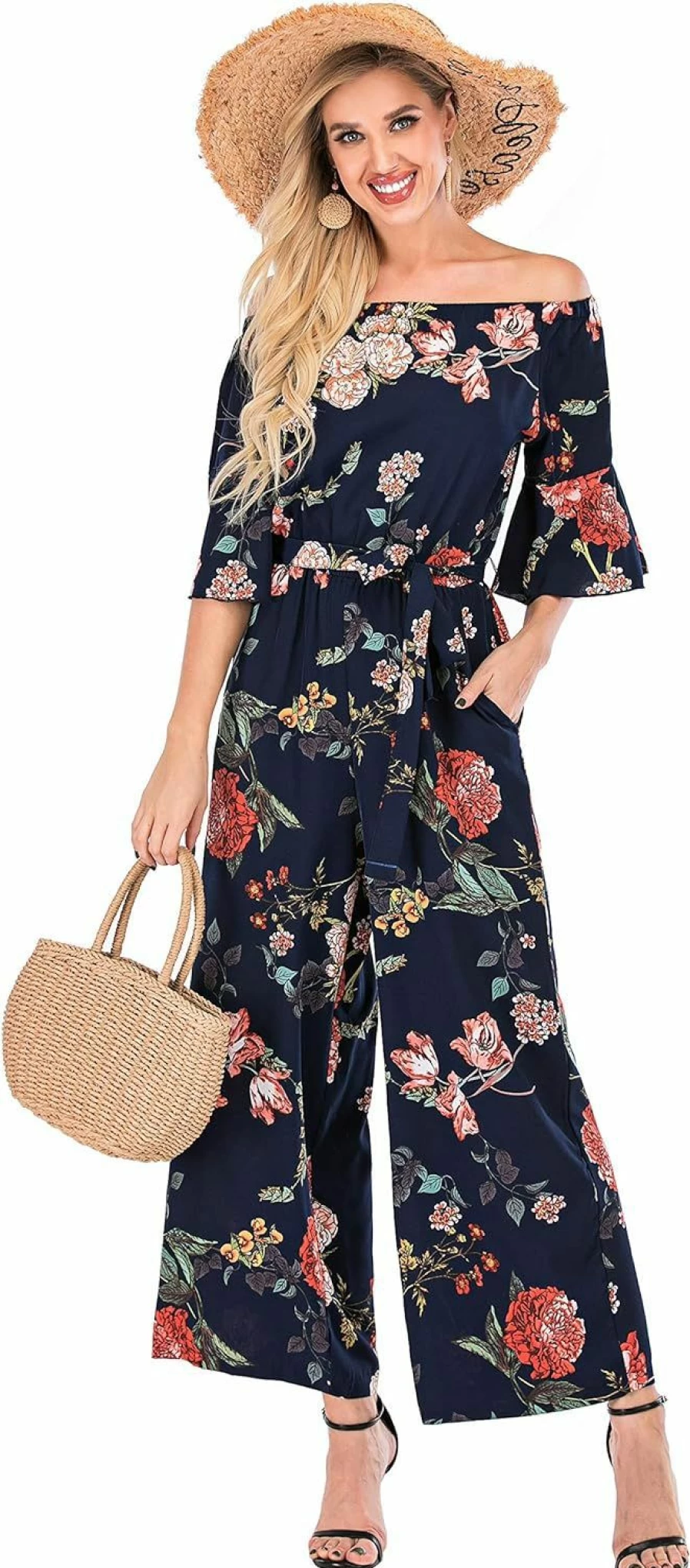 Love Welove Fashion Women's Floral Off-Shoulder Romper - Ruffled Short Sleeve High Waist Wide Leg Jumpsuit Dressy Outfit