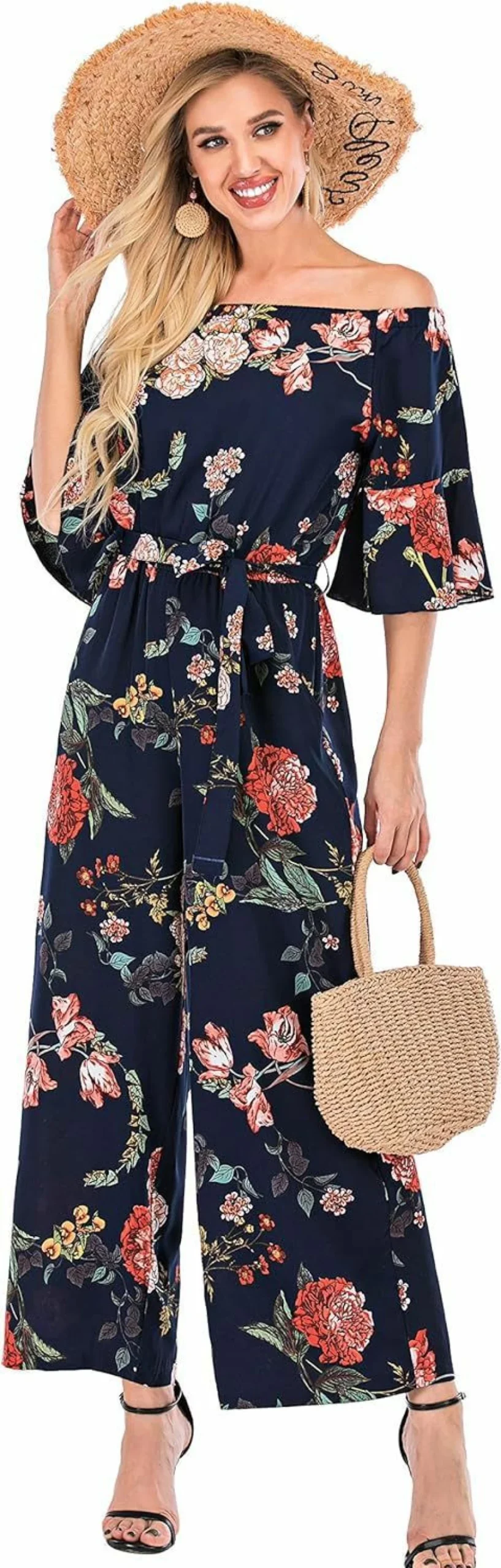 Love Welove Fashion Women's Floral Off-Shoulder Romper - Ruffled Short Sleeve High Waist Wide Leg Jumpsuit Dressy Outfit