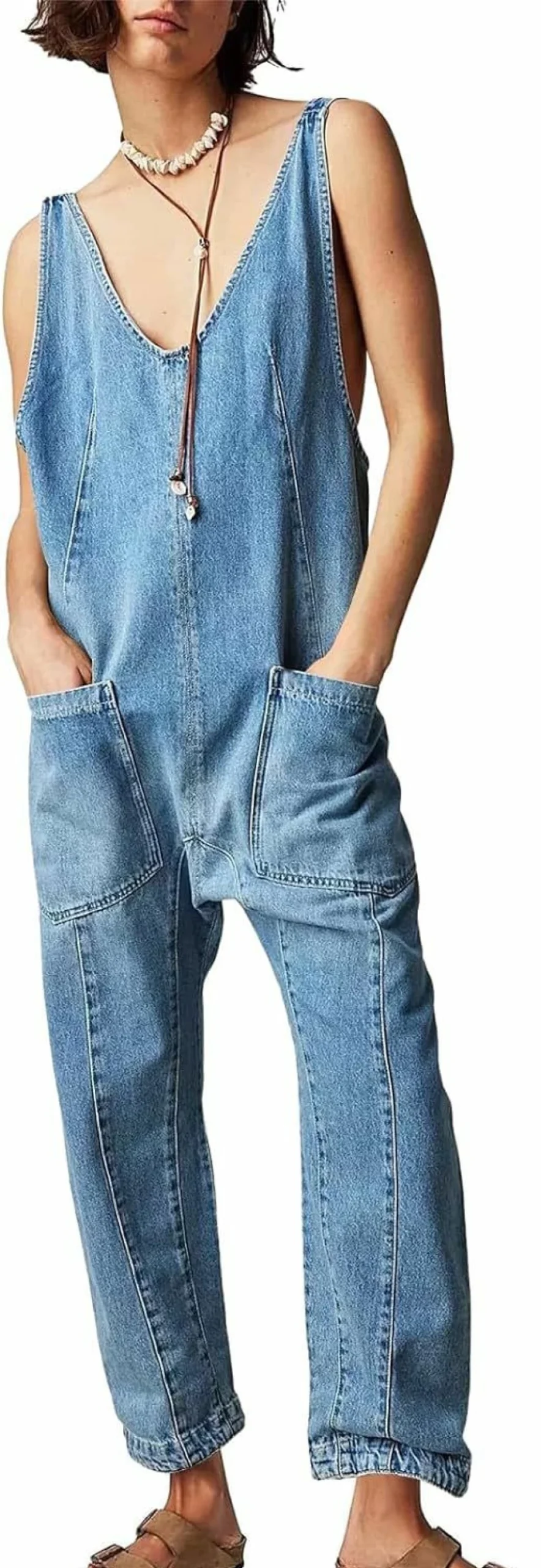 PLNOTME Women's Sleeveless Denim Jumpsuit with V-Neck and Adjustable Straps - Long Romper Jeans Overalls
