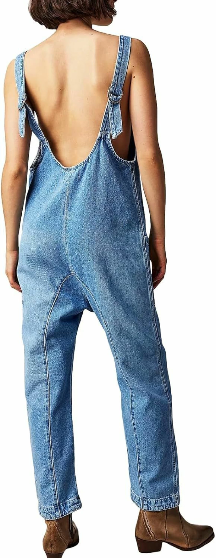 PLNOTME Women's Sleeveless Denim Jumpsuit with V-Neck and Adjustable Straps - Long Romper Jeans Overalls