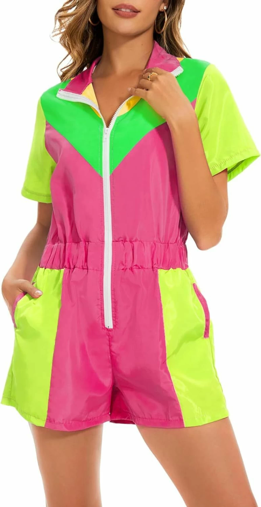 Yisfri Women's Neon Color Block Jumpsuit - Short Sleeve Zip Front Windbreaker Overall with Elastic Waist