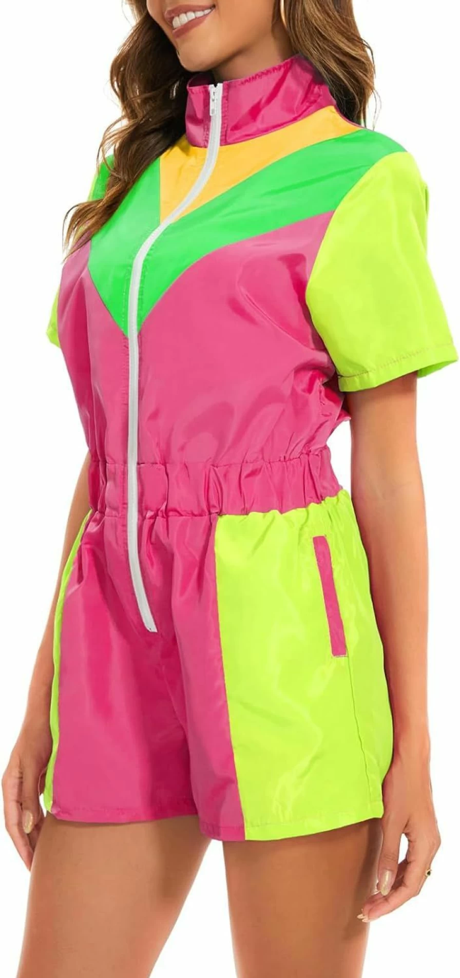 Yisfri Women's Neon Color Block Jumpsuit - Short Sleeve Zip Front Windbreaker Overall with Elastic Waist