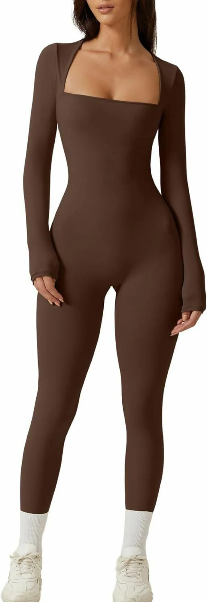 QINSEN Women's Stretchy Bodycon Jumpsuit - Sexy Square Neck Long Sleeve Full Length Leggings Romper