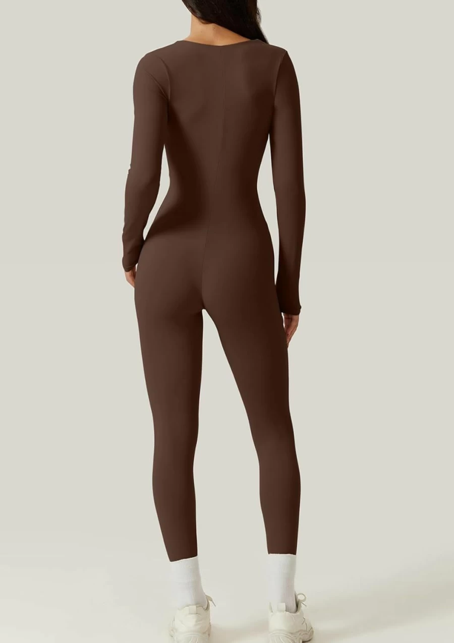 QINSEN Women's Stretchy Bodycon Jumpsuit - Sexy Square Neck Long Sleeve Full Length Leggings Romper
