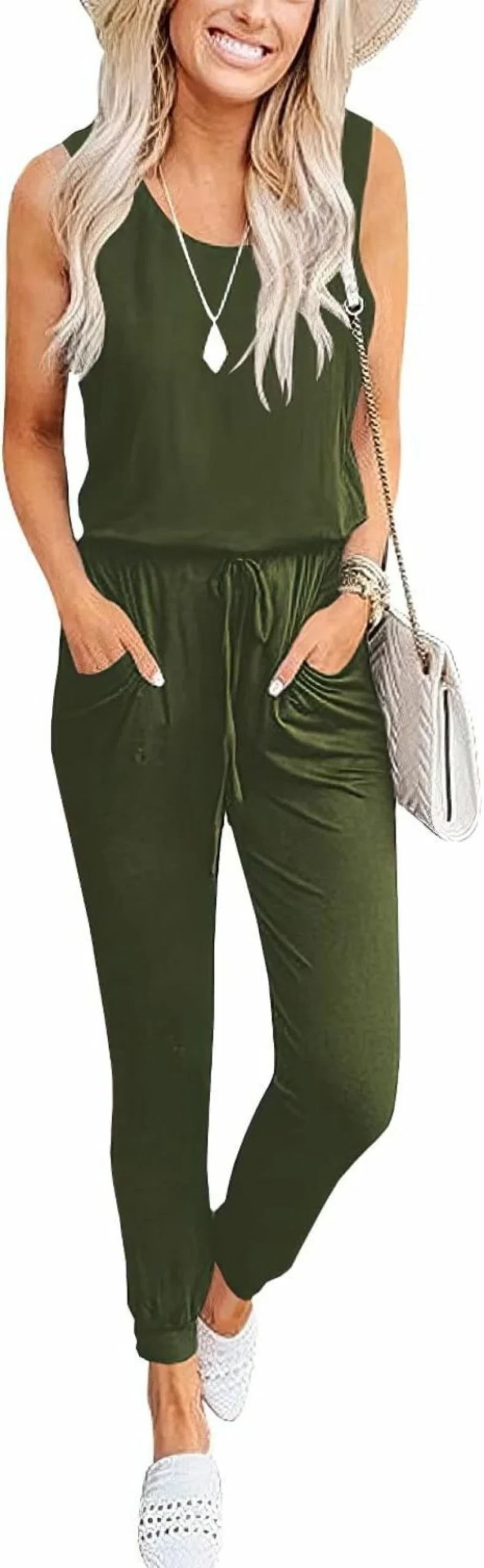 Caracilia Women's Sleeveless Jumpsuit with Elastic Waist and Pockets - Summer Casual Romper for Women