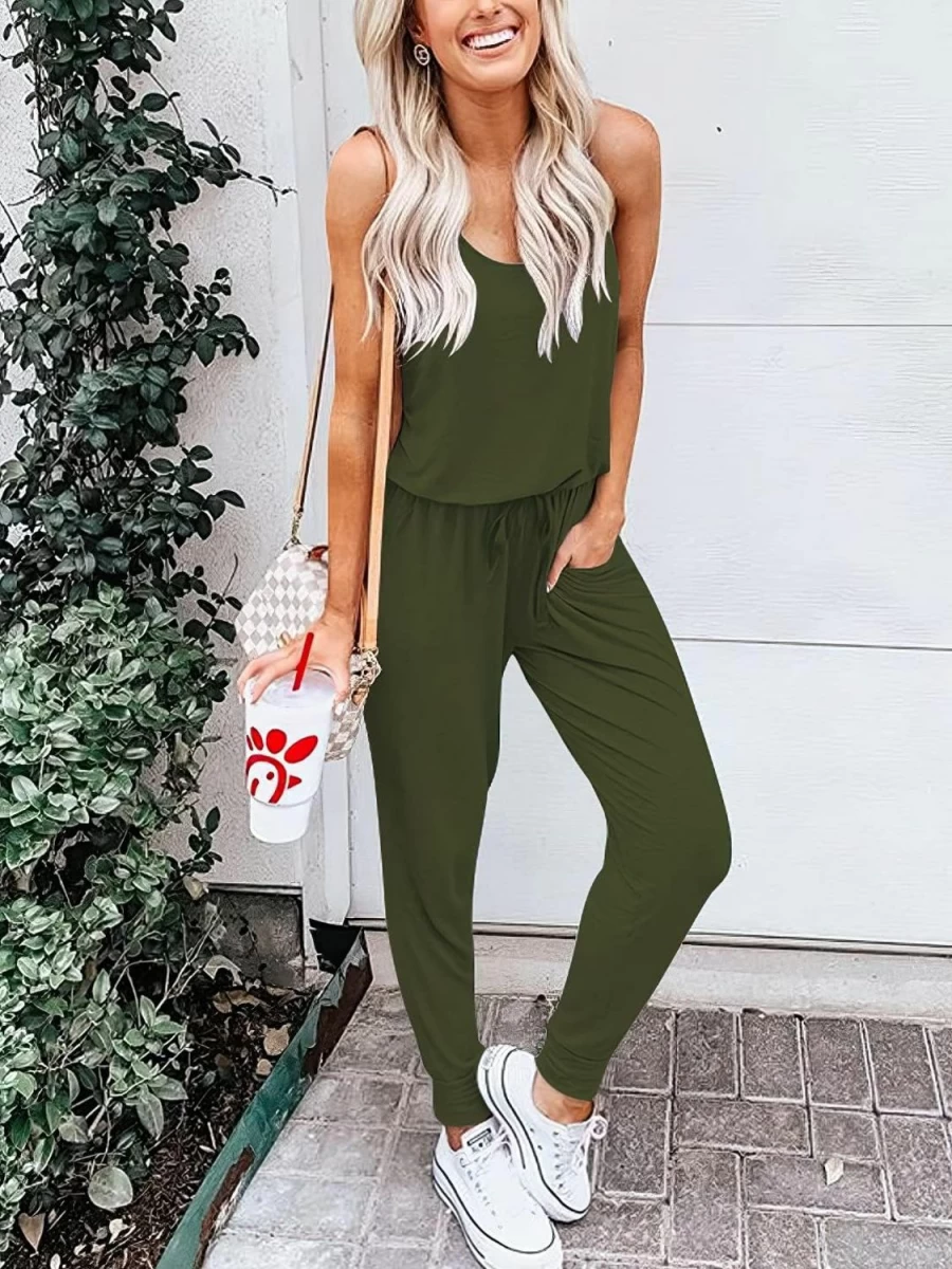 Caracilia Women's Sleeveless Jumpsuit with Elastic Waist and Pockets - Summer Casual Romper for Women