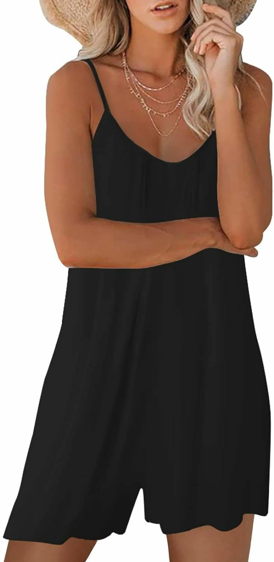 Snugwind Women's Adjustable Strap Sleeveless Jumpsuit with Pockets - Stretchy Casual Romper Shorts